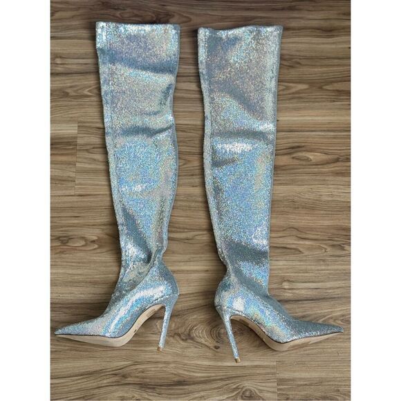 NWOT Stuart Weitzman Womens Ultrastuart Xcurve Over The Knee Boots Silver Sz 7 - Picture 5 of 11